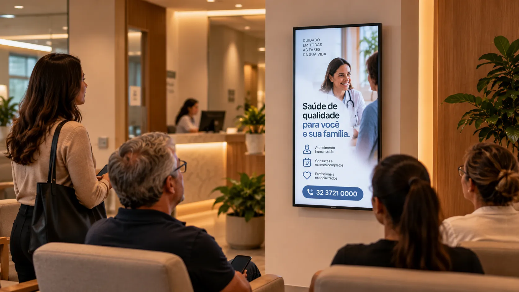 Pessoas em uma recepção olhando um anúncio em uma TV vertical na parede